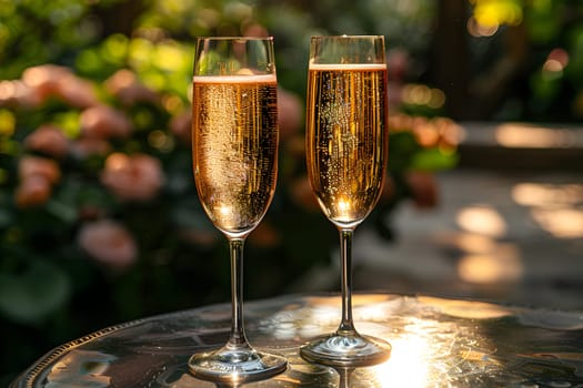 2 drinks on backyard table in summer evokes relaxation, freshness, happiness atmosphere signifies relaxation, warmth and joy of sharing with loved ones in a welcoming space contributing to happiness.