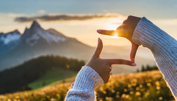 Close up of woman hands making frame gesture with sunrise on moutain, Female capturing the sunrise, Future planning, sunlight outdoor.
