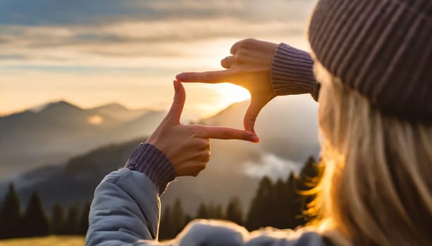 Close up of woman hands making frame gesture with sunrise on moutain, Female capturing the sunrise, Future planning, sunlight outdoor.