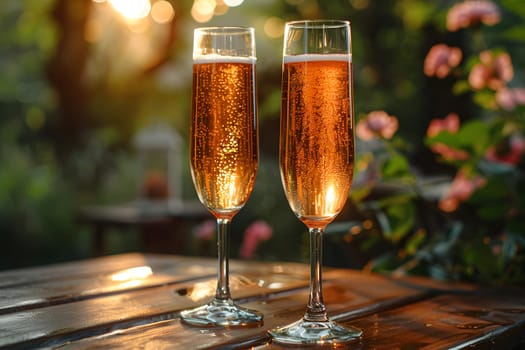 2 drinks on backyard table in summer evokes relaxation, freshness, happiness atmosphere signifies relaxation, warmth and joy of sharing with loved ones in a welcoming space contributing to happiness.