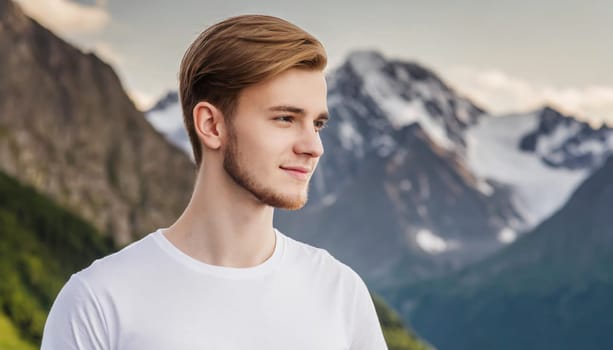 Shirt design and people concept - close up of young man in blank white tshirt front and rear isolated. Mock up template.