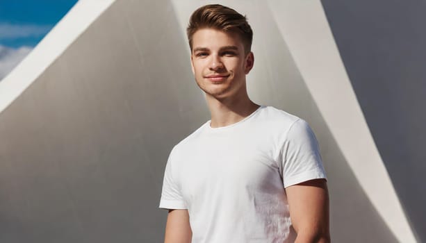 Shirt design and people concept - close up of young man in blank white tshirt front and rear isolated. Mock up template.