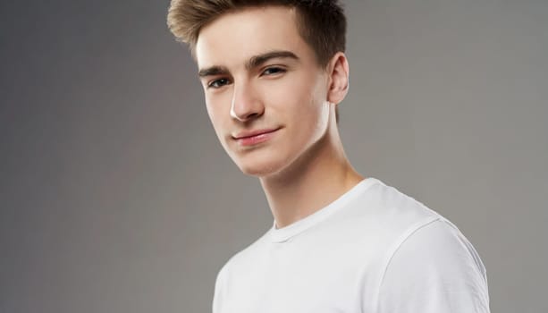Shirt design and people concept - close up of young man in blank white tshirt front and rear isolated. Mock up template.