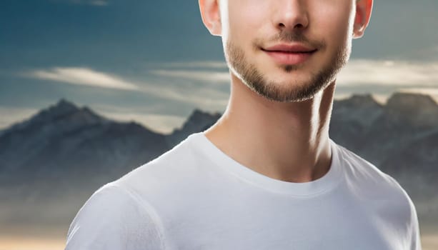 Shirt design and people concept - close up of young man in blank white tshirt front and rear isolated. Mock up template.