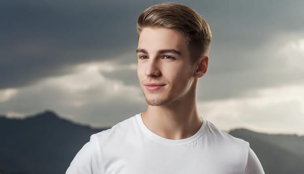Shirt design and people concept - close up of young man in blank white tshirt front and rear isolated. Mock up template.