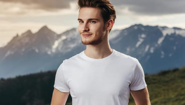 Shirt design and people concept - close up of young man in blank white tshirt front and rear isolated. Mock up template.