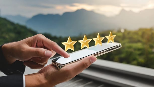 close up on customer man hand pressing on smartphone screen with gold five star rating feedback icon and press level three rank (good) for give score point to review the service business concept