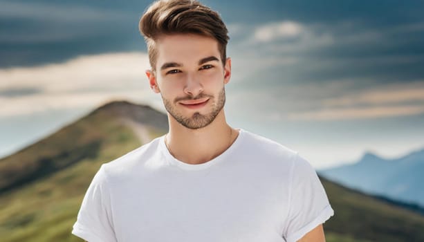 Shirt design and people concept - close up of young man in blank white tshirt front and rear isolated. Mock up template.