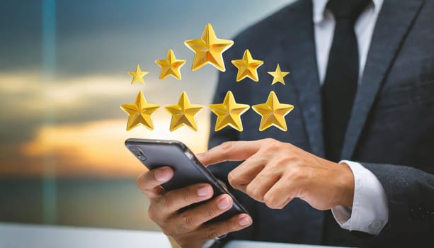 close up on customer man hand pressing on smartphone screen with gold five star rating feedback icon and press level three rank (good) for give score point to review the service business concept