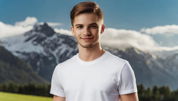 Shirt design and people concept - close up of young man in blank white tshirt front and rear isolated. Mock up template.