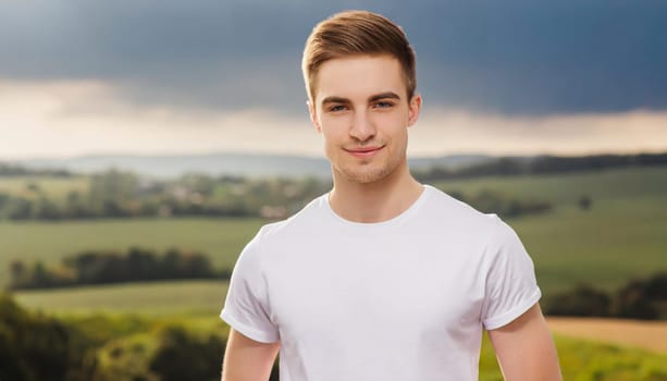 Shirt design and people concept - close up of young man in blank white tshirt front and rear isolated. Mock up template.