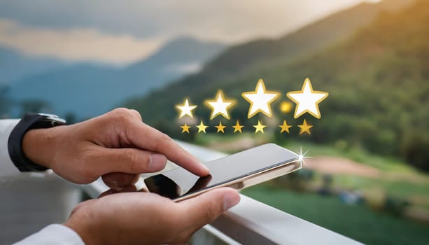 close up on customer man hand pressing on smartphone screen with gold five star rating feedback icon and press level three rank (good) for give score point to review the service business concept