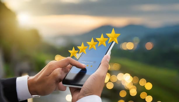 close up on customer man hand pressing on smartphone screen with gold five star rating feedback icon and press level three rank (good) for give score point to review the service business concept
