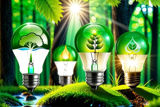 Light bulbs with water-saving symbols in a green forest with sunlight. Clean renewable energy, symbolism for environmental protection concepts