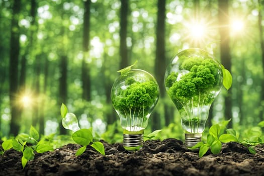 Light bulbs with water-saving symbols in a green forest with sunlight. Clean renewable energy, symbolism for environmental protection concepts