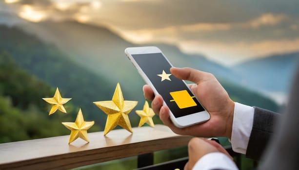 close up on customer man hand pressing on smartphone screen with gold five star rating feedback icon and press level three rank (good) for give score point to review the service business concept