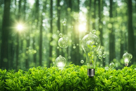 Light bulbs with water-saving symbols in a green forest with sunlight. Clean renewable energy, symbolism for environmental protection concepts