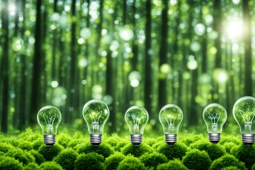 Light bulbs with water-saving symbols in a green forest with sunlight. Clean renewable energy, symbolism for environmental protection concepts