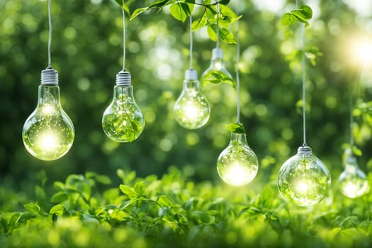 Light bulbs with water-saving symbols in a green forest with sunlight. Clean renewable energy, symbolism for environmental protection concepts