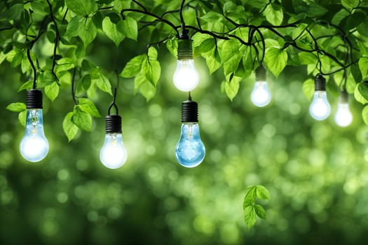 Light bulbs with water-saving symbols in a green forest with sunlight. Clean renewable energy, symbolism for environmental protection concepts