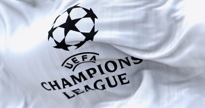 London, UK, Mar. 5 2024: close-up of UEFA Champions League flag waving. European football competition. Rippled fabric. Illustrative editorial 3d illustration render