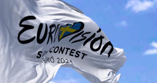 Malmo, SE, Oct. 25 2023: Close-up of Eurovision Song Contest 2024 waving on a clear day. The 2024 edition will take place in Malmo on may. Illustrative editorial 3d illustration render