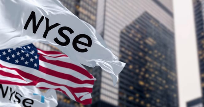 New York City, US, Mar 4 2024: NYSE and United States flags waving in a financial district. American financial industry. Illustrative editorial 3d illustration render.