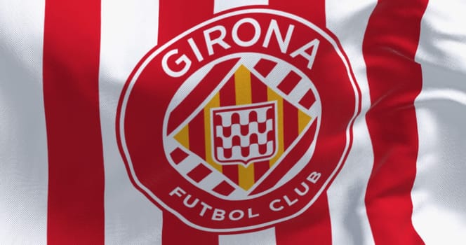 Girona, SP, mar. 1 2024: Close-up of Girona football club flag waving . FC Girona is a Spanish professional football club based in Barcelona. Illustrative editorial 3d illustration render