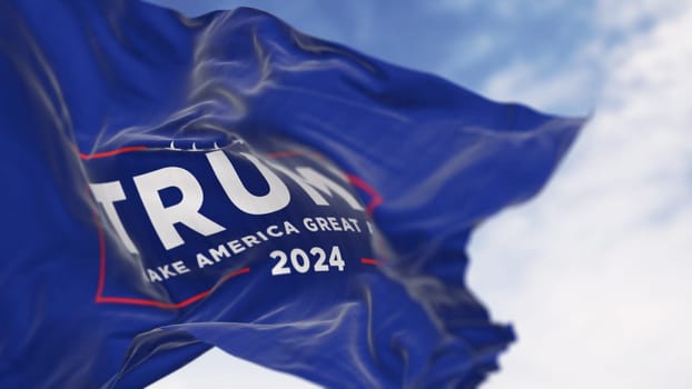 Arlington, US, mar. 6 2024: Close-up of Donald Trump election campaign flag waving on a clear day. 2024 US presidential election. Illustrative editorial 3d illustration render