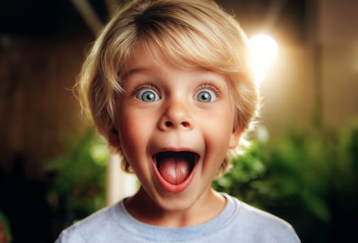 A portrait of an enthusiastic young boy, around 10 years old, with striking blue eyes and light hair, displaying a vivid expression of surprise and joy