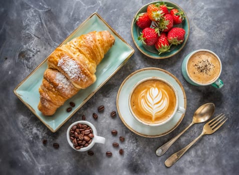 A serene breakfast scene  a cappuccino with latte art, croissant, and fresh strawberries set on a textured tabletop.