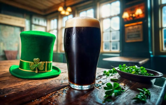 A rich, dark beer in a pint glass stands next to a festive green leprechaun hat with a shamrock, signaling St. Patrick's Day celebrations in a cozy pub atmosphere
