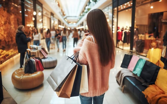 A young woman in her 20s, with long hair, casually dressed, is holding shopping bags at a bustling indoor shopping mall.
