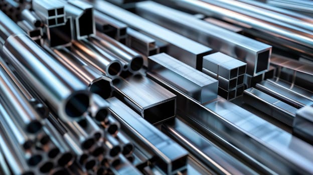 Close-up of metal profiles and tubes in a storehouse. Different stainless steel products. AI generated