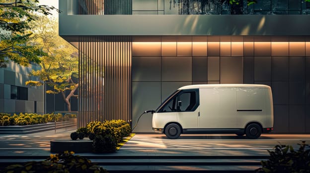 White futuristic electric mini van and charging station by modern office building wall. EV charging process, smart technology concept. AI generated