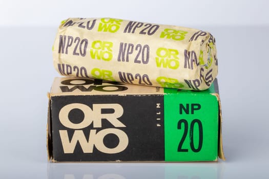 Potsdam, Germany - Aug 11, 2018. Old original packaging of a ORWO (Original Wolfen) NP20 (NP= Negative Panchromatic) film roll for black and white analogue vintage photography.