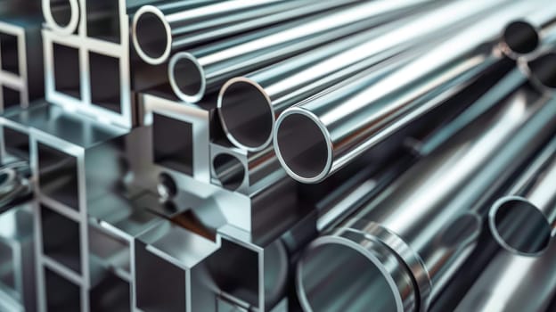Close-up of metal profiles and tubes in a storehouse. Different stainless steel products. AI generated