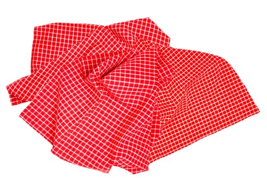 Closeup of a red and white checkered napkin or tablecloth texture isolated on white background. Kitchen accessories. Top view.
