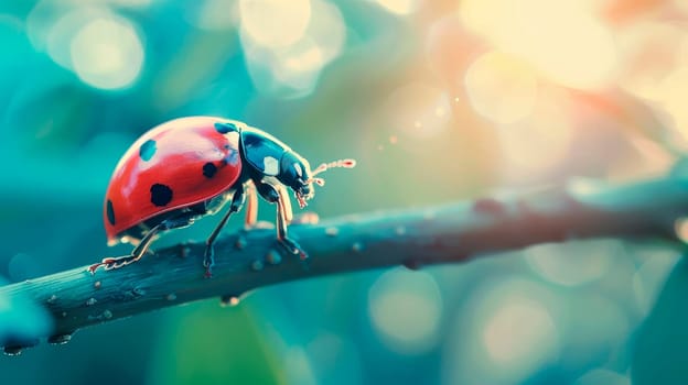 Close up of a ladybug resting  on a twig with beautiful natural bokeh background. AI generated