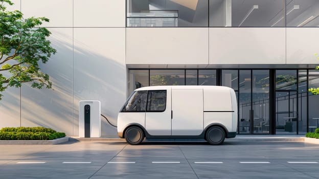 White futuristic electric mini van and charging station by modern office building wall. EV charging process, smart technology concept. AI generated