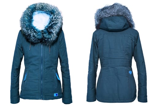 Woman clothes. Collage of stylish blue female winter jacket with fur hood on mannequin isolated on a white background. Girls winter fashion. Front and back view.