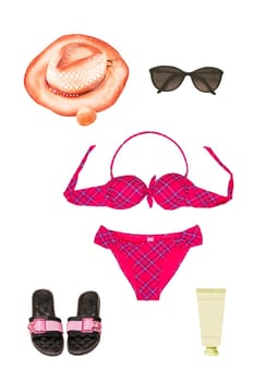 Collage set of girl beach summer clothes and accessories. Female woman apparel collection. Women fashion clothing outfit. Colorful stylish beachwear.