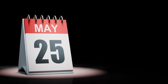 Red and White May 25 Desk Calendar Spotlighted on Black Background with Copy Space 3D Illustration