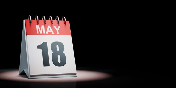 Red and White May 18 Desk Calendar Spotlighted on Black Background with Copy Space 3D Illustration