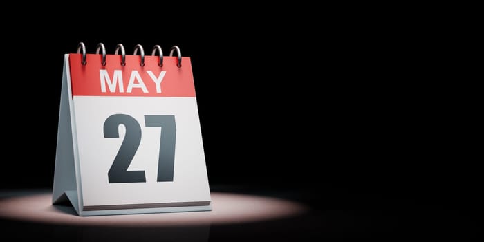 Red and White May 27 Desk Calendar Spotlighted on Black Background with Copy Space 3D Illustration