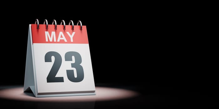 Red and White May 23 Desk Calendar Spotlighted on Black Background with Copy Space 3D Illustration