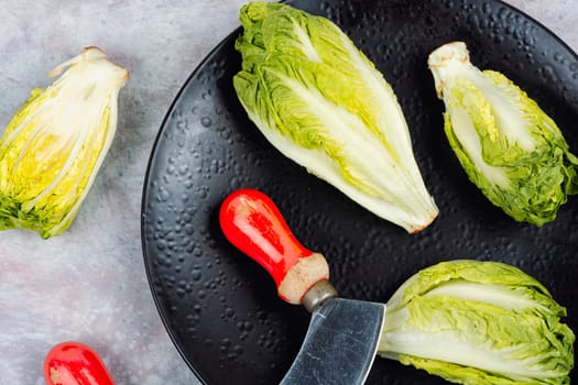 Fresh green Romaine lettuce hearts or Lactuca sativa. Copy space.
