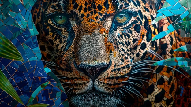 Abstract portrait of proud  leopard staring at camera, rare endangered cat, beautiful exotic spotted big cat similar jaguar. AI generated