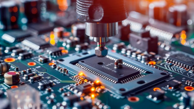 The automatic Pick and Place machine quickly installs components onto a universal PCB. Manufacturing of electronics and printed circuit boards. AI generated