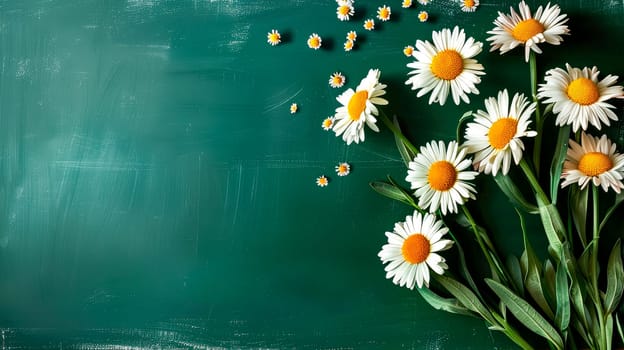 White daisy flowers on green chalkboard, copy space. Back to school concept. AI generated